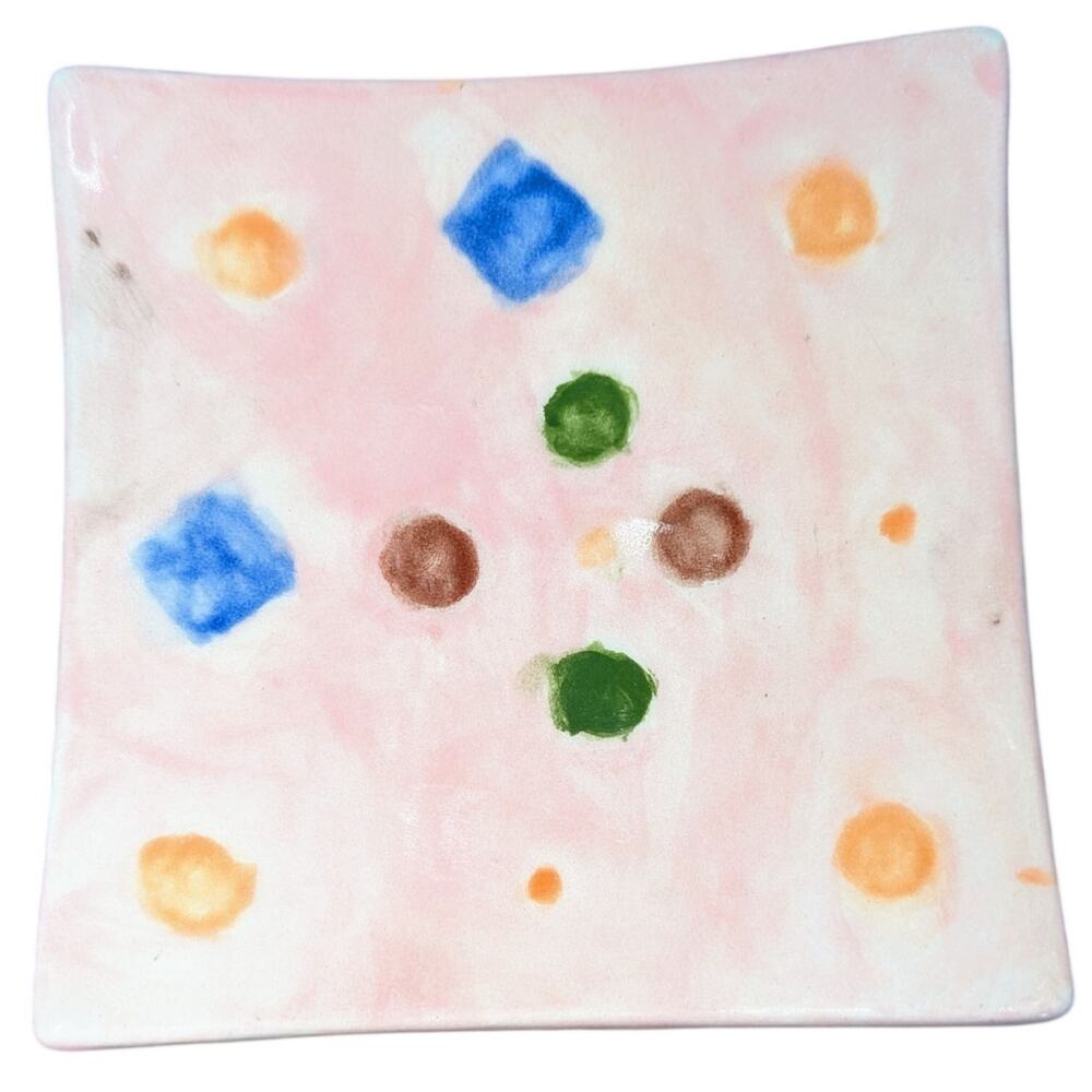 Handmade Small Square Plate Trinket Dish Jewelry Tray Pink Polka Dot 4.5 inches